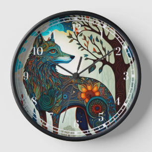 Boho Wolf Surreal Wildlife Art Clock