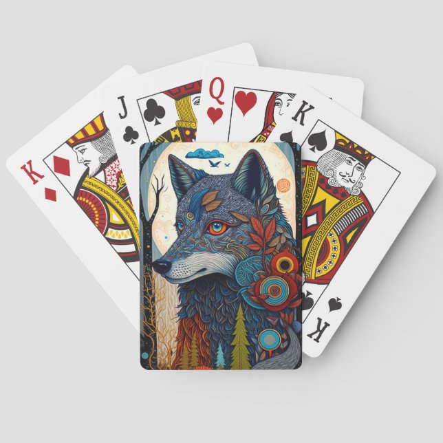 Boho Wolf Surreal Wildlife Art Playing Cards (Back)