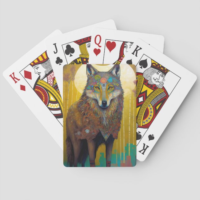Boho Wolf Surreal Wildlife Art Poker Cards (Back)