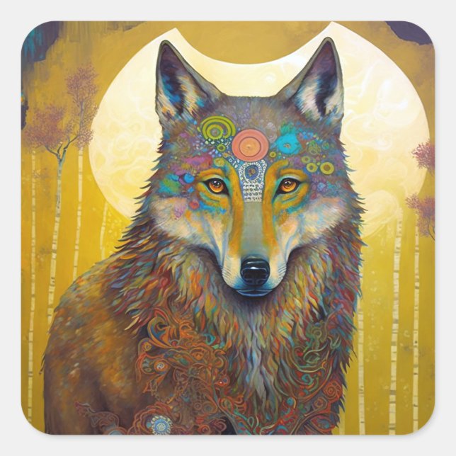 Boho Wolf Surreal Wildlife Art Square Sticker (Front)