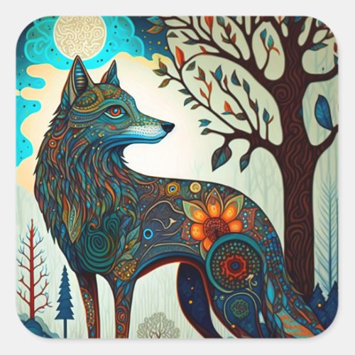 Boho Wolf Surreal Wildlife Art Square Sticker