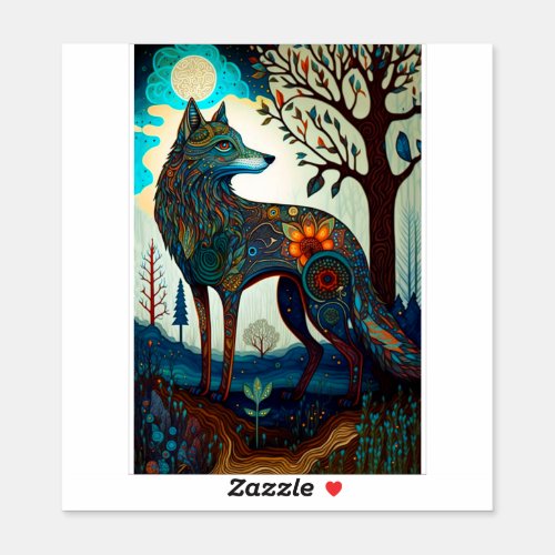 Boho Wolf Surreal Wildlife Art Sticker