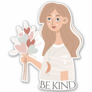 Boho woman bouquet of flowers retro be kind sticker