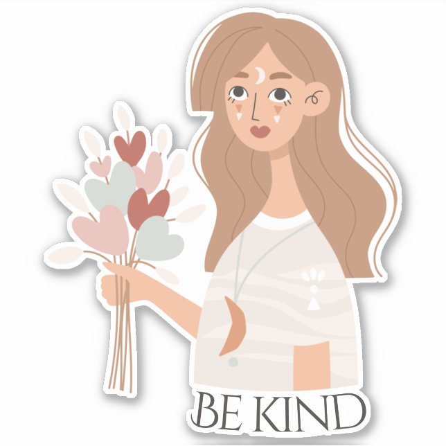 Boho woman bouquet of flowers retro be kind sticker (Front)