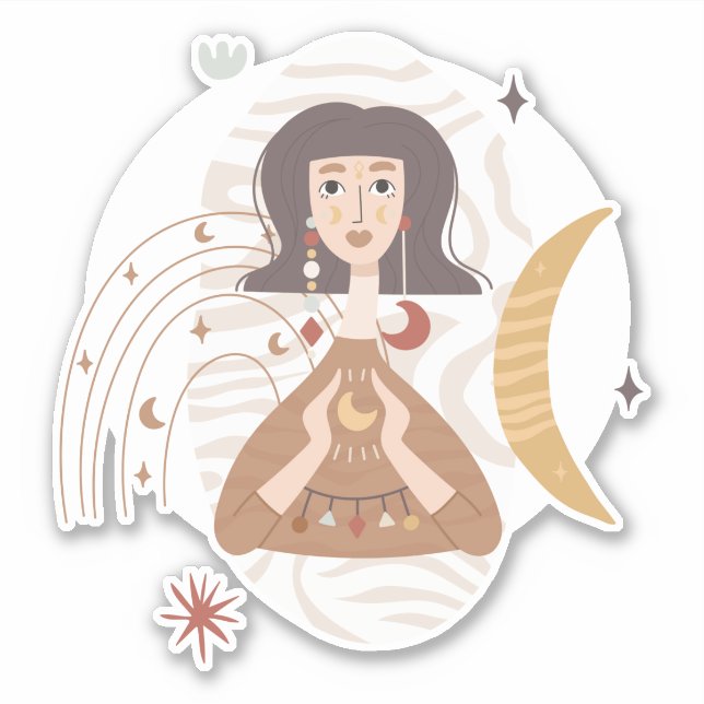 Boho woman holds the moon abstract calm neutral st sticker (Front)