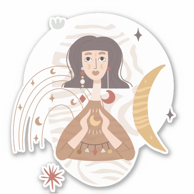 Boho woman holds the moon abstract calm neutral sticker (Front)