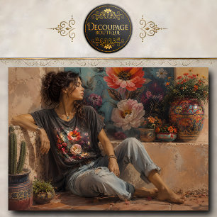 Boho Woman In Jeans Beside Colorful Flower Pots Tissue Paper