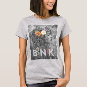 Boho Woman Portrait with Flowers – Black and White T-Shirt