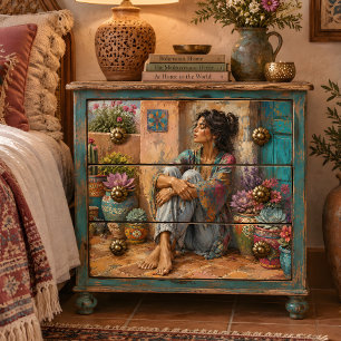 Boho Woman Sitting Among Colorful Flower Pots Tissue Paper