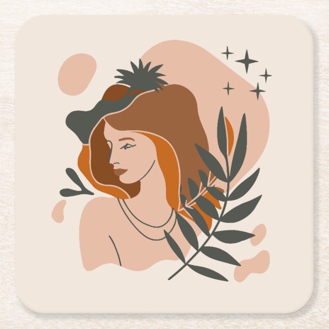Boho Woman Stars Square Paper Coaster (Front)