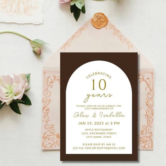 Boho wood and Gold 10th Wedding Anniversary Party Invitation (Modern wood brown and gold minimal elegant 50 years vow renewal wedding anniversary party invitation)