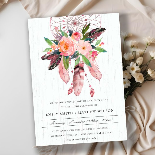 BOHO WOOD BLUSH ANTLER DREAM CATCHER FLORA WEDDING INVITATION (Creator Uploaded)