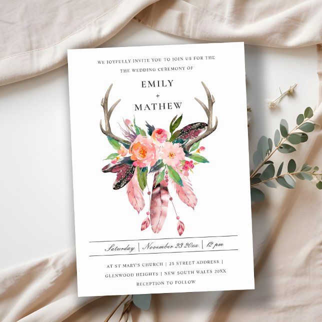 BOHO WOOD BLUSH ANTLER DREAM CATCHER FLORA WEDDING INVITATION (Creator Uploaded)