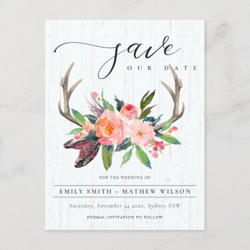 BOHO WOOD BLUSH ANTLER FLORA COUNTRY SAVE THE DATE ANNOUNCEMENT POSTCARD