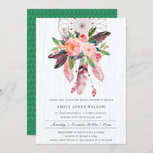 BOHO WOOD BLUSH DREAM CATCHER FLORAL BRIDAL SHOWER INVITATION