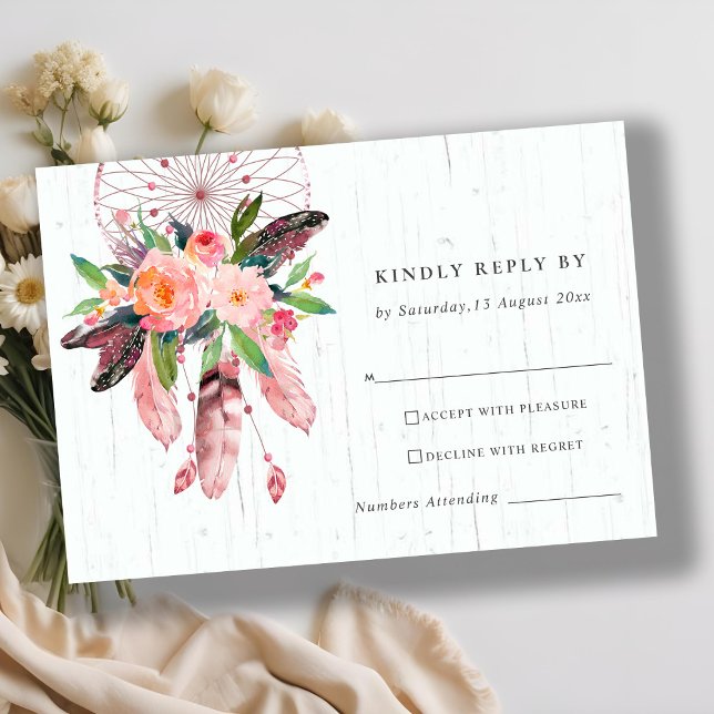 BOHO WOOD BLUSH DREAM CATCHER FLORAL WEDDING RSVP CARD (Creator Uploaded)
