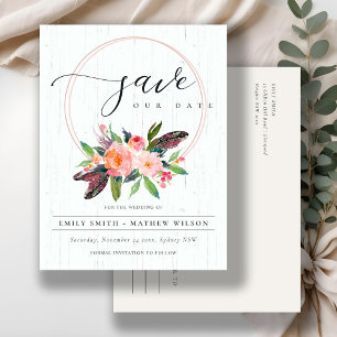 BOHO WOOD BLUSH WREATH FLORA COUNTRY SAVE THE DATE ANNOUNCEMENT POSTCARD