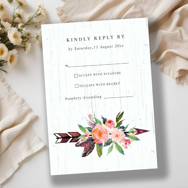 BOHO WOOD COUNTRY BLUSH ARROW FLORAL WEDDING RSVP CARD (Creator Uploaded)