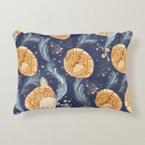 Boho Wood Grain Fan and Navy Feather Botanical  Accent Pillow