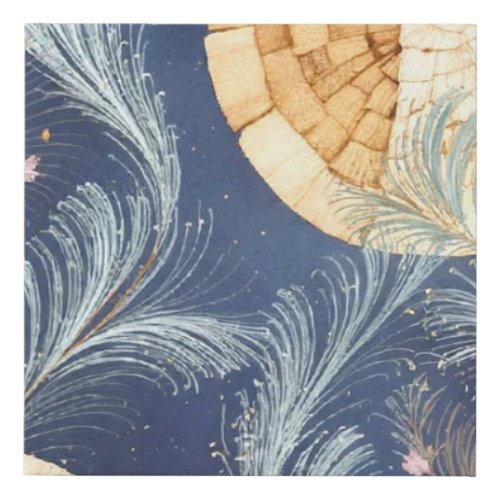 Boho Wood Grain Fan and Navy Feather Botanical Faux Canvas Print