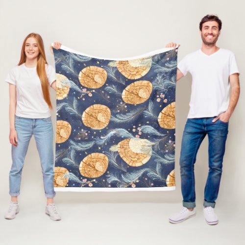 Boho Wood Grain Fan and Navy Feather Botanical Fleece Blanket
