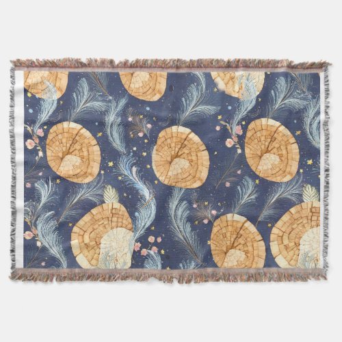 Boho Wood Grain Fan and Navy Feather Botanical  Throw Blanket