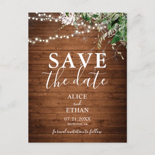 Boho Wood Greenery Script Wedding Save The Date Announcement Postcard
