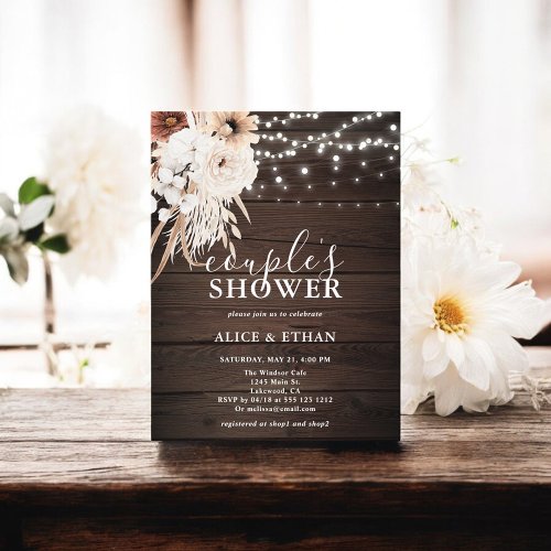 Boho Wood Pampa Grass Flower Couples Shower Invitation Postcard