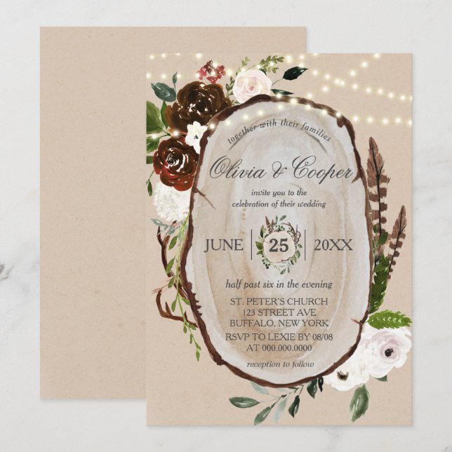 Boho Wood Slice Feather Marsala Floral Wedding  In Invitation (Front/Back)
