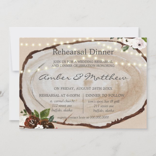 Boho Wood Slice Marsala Floral Rehearsal Dinner In Invitation (Front)
