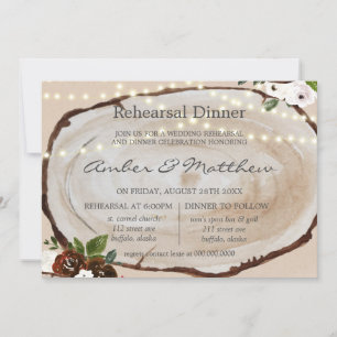 Boho Wood Slice Marsala Floral Rehearsal Dinner In Invitation