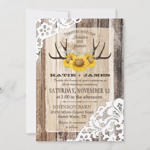 Boho Wood Sunflower Antlers Lace Rustic Wedding Invitation