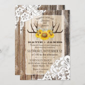Boho Wood Sunflower Antlers Lace Rustic Wedding Invitation (Front/Back)