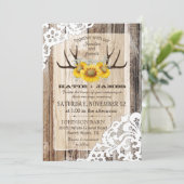 Boho Wood Sunflower Antlers Lace Rustic Wedding Invitation (Standing Front)
