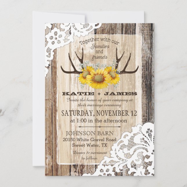 Boho Wood Sunflower Antlers Lace Rustic Wedding Invitation (Front)