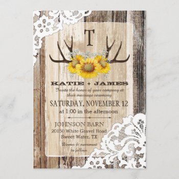 Boho Wood Sunflower Antlers Lace Rustic Wedding Invitation by NouDesigns at Zazzle