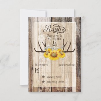 Boho Wood Sunflower Antlers Rustic Rsvp Card by NouDesigns at Zazzle