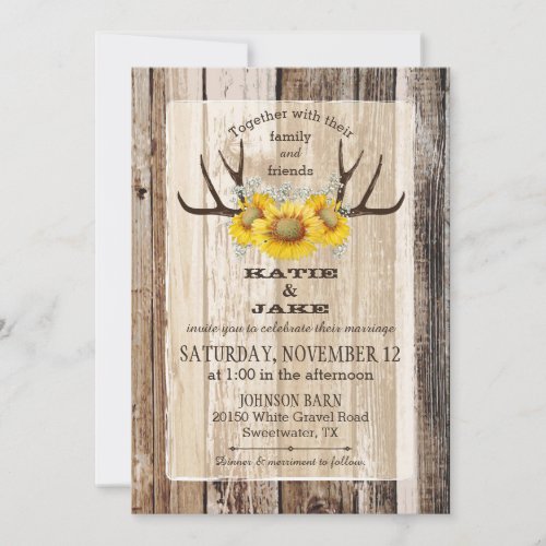 Boho Wood Sunflower Antlers Rustic Wedding Invitation