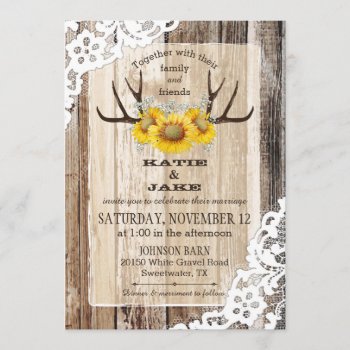 Boho Wood Sunflower Antlers Rustic Wedding Invitation by NouDesigns at Zazzle