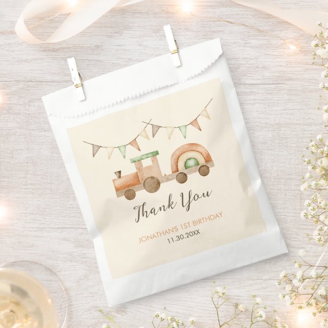 Boho Wood Train Transport Kids Birthday Favor Bag (Clipped)