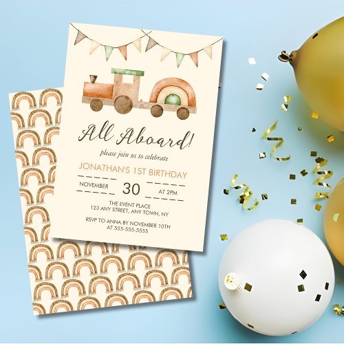 Boho Wood Train Transport Kids Birthday Invitation