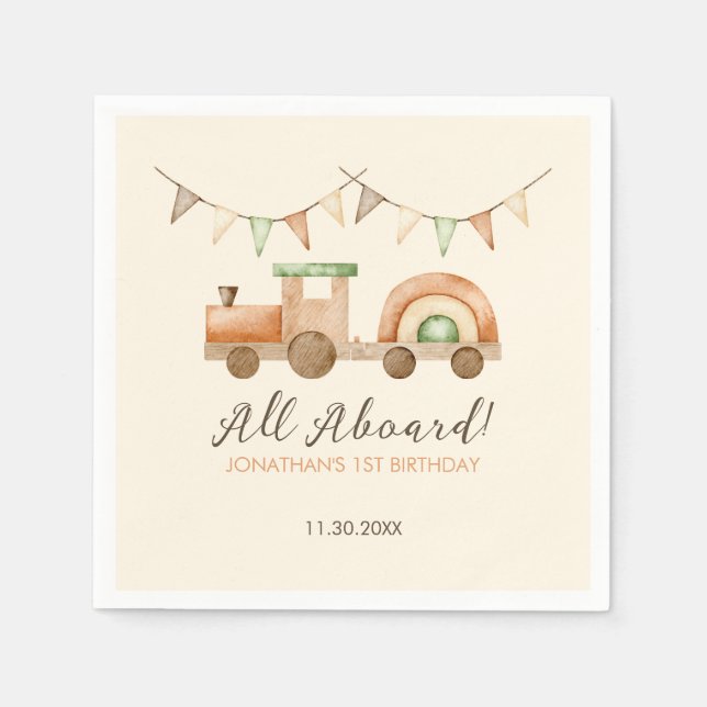 Boho Wood Train Transport Kids Birthday Napkins (Front)