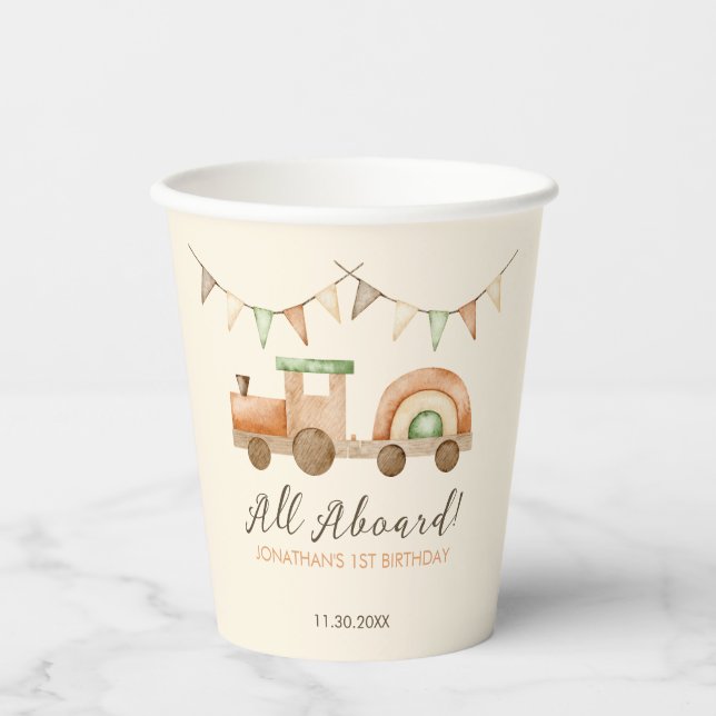 Boho Wood Train Transport Kids Birthday Paper Cups (Front)