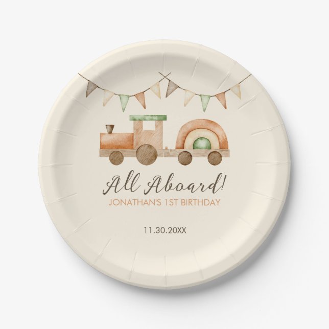 Boho Wood Train Transport Kids Birthday Paper Plates (Front)
