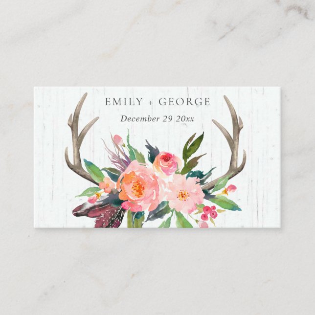 BOHO WOODEN BLUSH ANTLER FLORAL WEDDING WEBSITE BUSINESS CARD (Front)