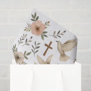 Boho Wooden Cross Dove Floral Pattern Christian Tissue Paper