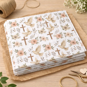 Boho Wooden Cross Dove Floral Pattern Christian Tissue Paper