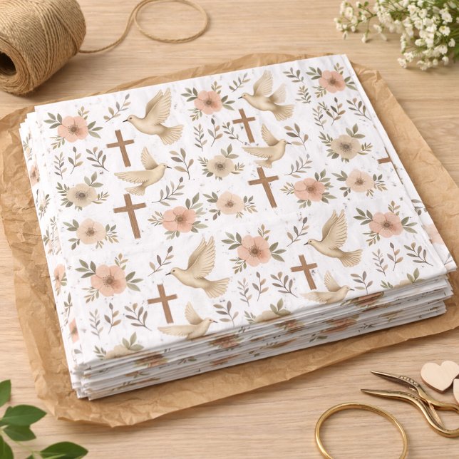 Boho Wooden Cross Dove Floral Pattern Christian Tissue Paper (Creator Uploaded)