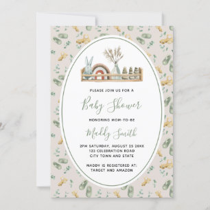 Boho Wooden Toys Green Rainbow Baby Shower Invitation