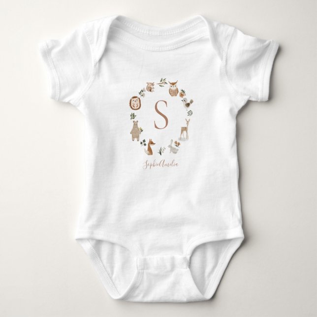 Boho Woodland Animal Wreath Personalized Baby Name Bodysuit (Front)